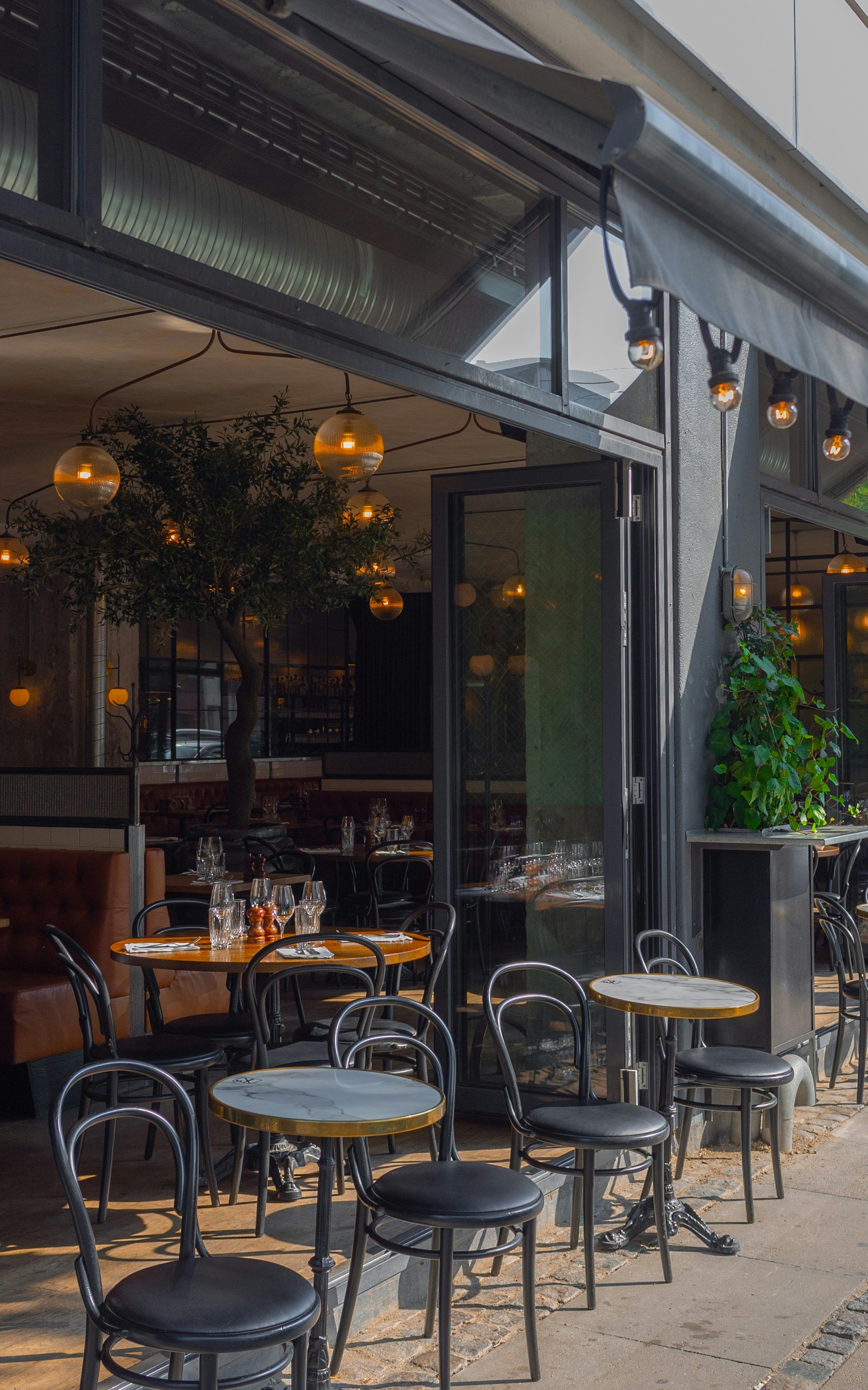 Restaurant terrace with tables set under warm globe lights